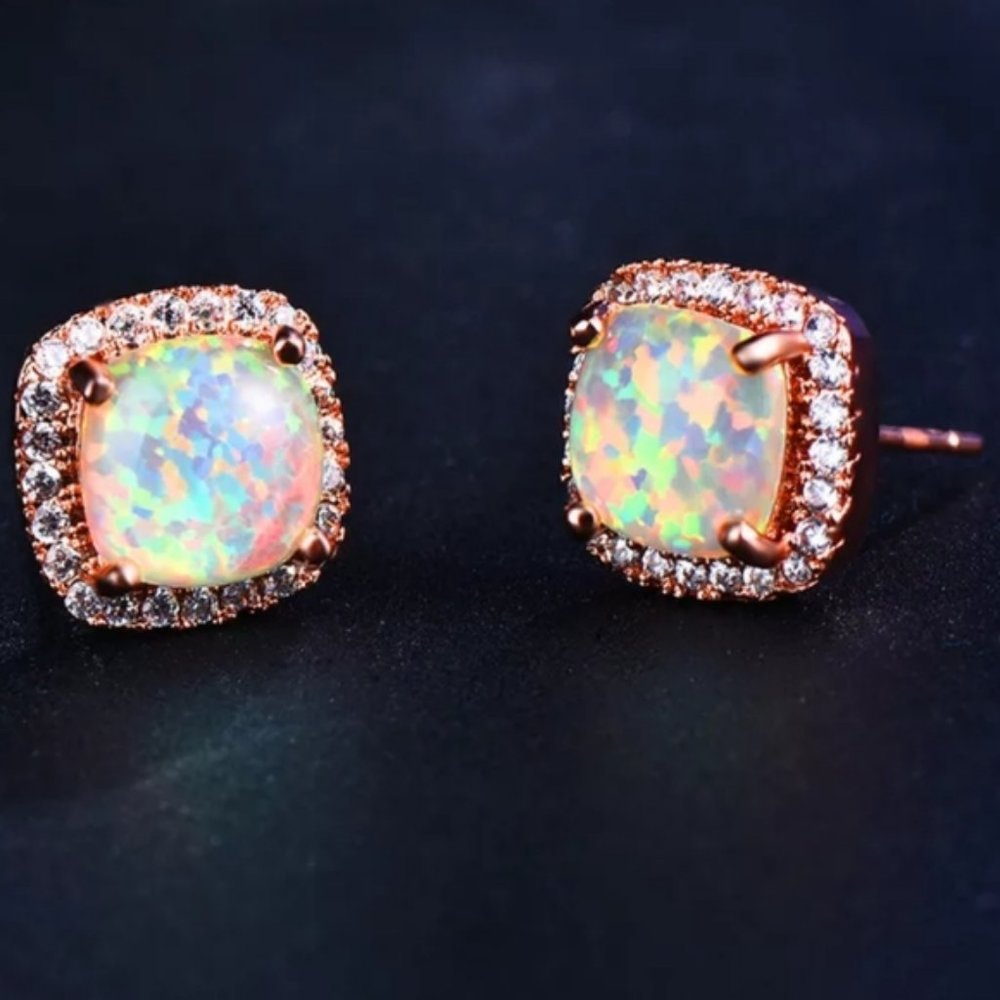 18K Rose Gold White Opal Diamond Halo Earrings - Picture 4 of 7
